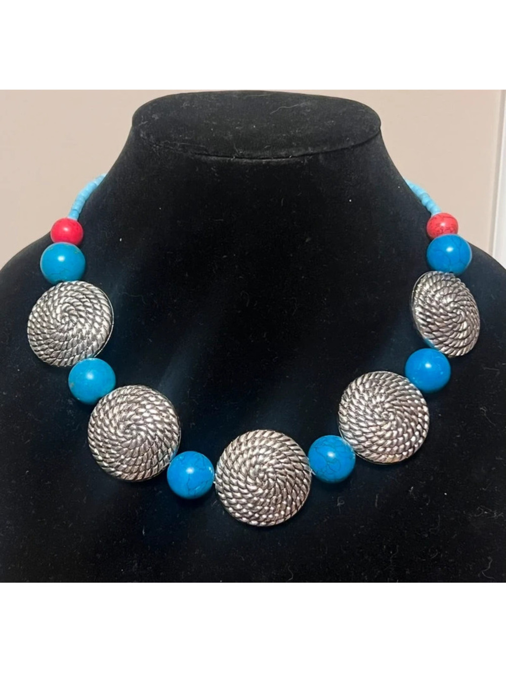 Statement Necklace Blue Red Beads Silver Tone Spiral Discs Boho Southwestern